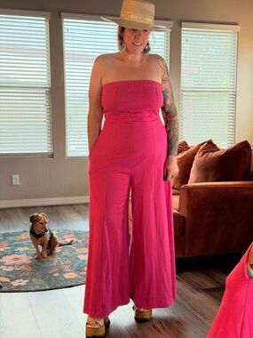 Free People Strapless Wide-Leg Jumpsuit in Hot Pink